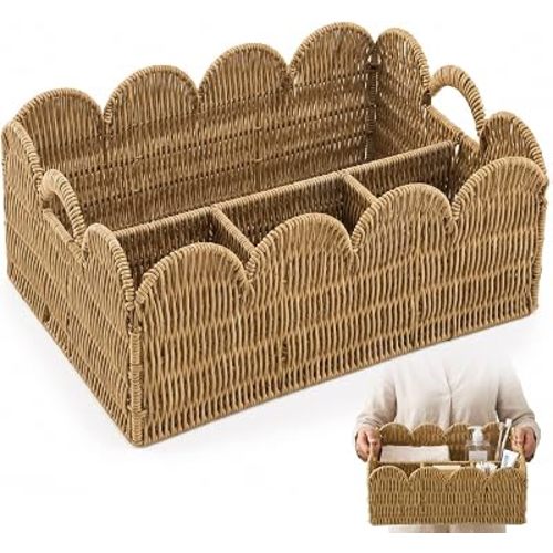 Scalloped Wicker Basket, 4-section, Tan, Plastic Rattan