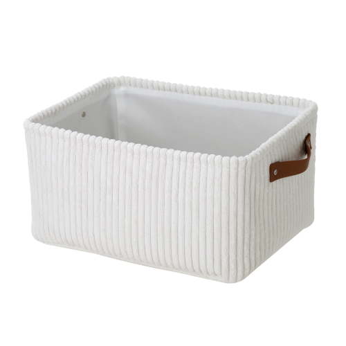 Mainstays White Corduroy Decorative Storage Basket with Leather Handles