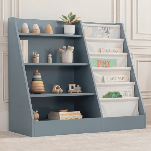 Comfy Cubs Kids Bookshelf 35.2 x 15.7 x 31.5 in - Montessori Book Shelf Storage Organizer - Blue