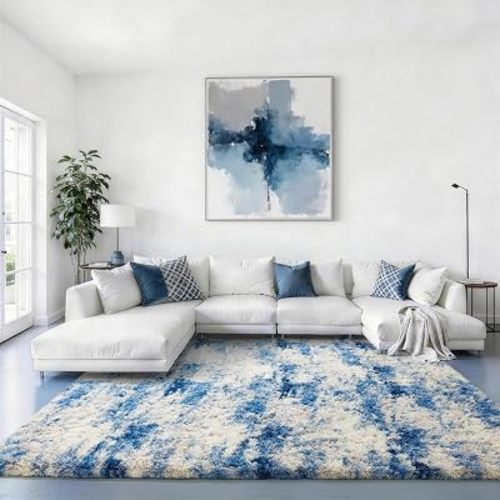 Ophanie 6x9 Blue and Gray Area Rugs for Living Room, Large Navy Grey White Fluffy Shag Fuzzy Plush Soft Carpets, Floor Shaggy Rugs for Bedroom, Carpet for Kids Boys Dorm Nursery Home Decor Aesthetic