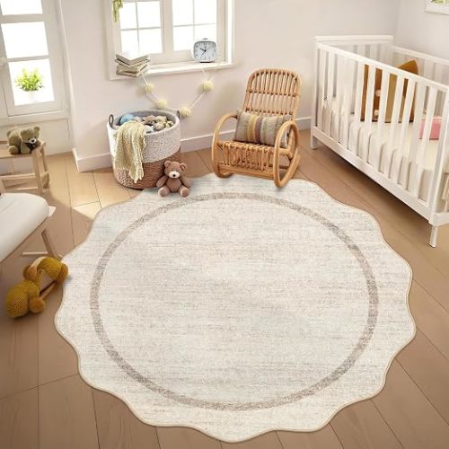 GarveeHome Scalloped Round Washable Rug Soft Modern Round Rugs 5 ft, Beige | Circle Carpets for Bedroom Ultra-Thin Boho Beige Print Distressed Circular Carpet for Living Room Dorm Bedside
