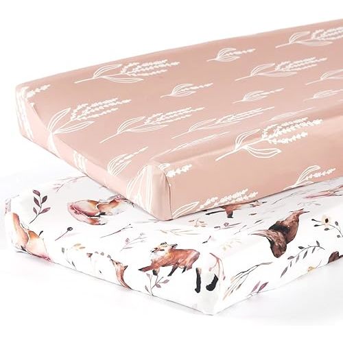 GRSSDER Stretch Ultra Soft Jersey Knit Changing Pad Cover Set 2 Pack, Change Table Pad Covers Fit 32"/34" x 16" Pads Safe and Snug, Cute Diaper Change Table Sheets for Girls, Fox Pattern for Baby