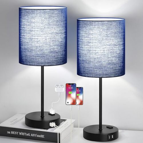 2 Pack Touch Control Table Lamps with 2 USB & AC Outlet, 3-Way Dimmable Bedside Nightstand Lamps for Bedroom Living Room Nursery, 800 Lumens 5000K Daylight Bulbs Included