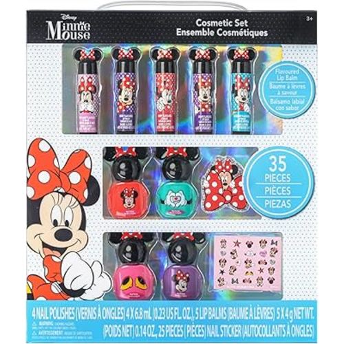 Townley Girl Disney Minnie Mouse Sparkly Cosmetic Makeup Set for Girls with Lip Balm Nail Polish Nail Stickers-35 Pcs|Perfect for Parties Sleepovers Makeovers|Birthday Gift for Girls above 3 Yrs, Kid