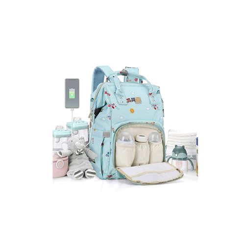 Diaper Bags Backpack Baby Bag for Mom Dad Baby Girls Boy, Cute Mult Diaper Nappy Bag Travel Back Pack,Waterproof Maternity Changing Bag Baby Stuff with USB Charging Port Stroller Straps Large Blue