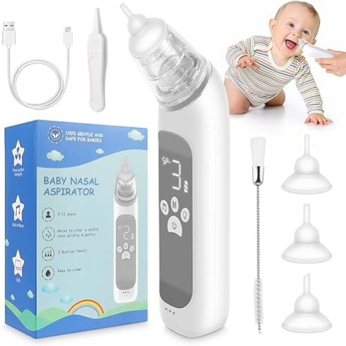 Nasal Aspirator for Baby, Electric Nose Aspirator for Toddler, Nose Sucker with Powerful Suction, Auto Nose Cleaner with 3 Silicone Tips, Adjustable Suction Level, Music and Light Soothing Function