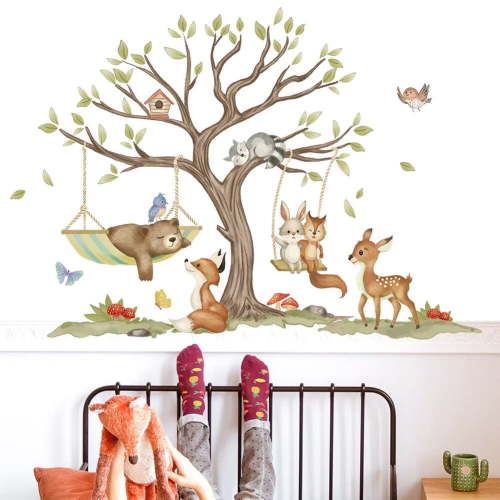 Woodland Animal Tree Wall Stickers Bear Deer Fox Owl Peel and Stick Wall Art Decals for Baby Nursery Kids Bedroom Living Room