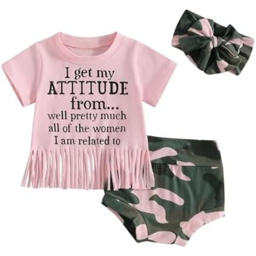 Fernvia Western Toddler Baby Girl Clothes Letter Short Sleeve T-Shirt Top + Tassel Shorts Outfits + Headband 3Pcs Set