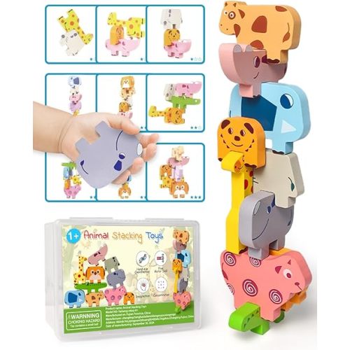 Toys for Toddlers 1-3, Montessori Toys for 1 2 3 4 Year Old Boys & Girls, Toy Age 2-4 0-2 Kids Baby, 1 2 3 Year Old Girls Boys Gifts, Wooden Animal Blocks Stacking Education Puzzles Toy