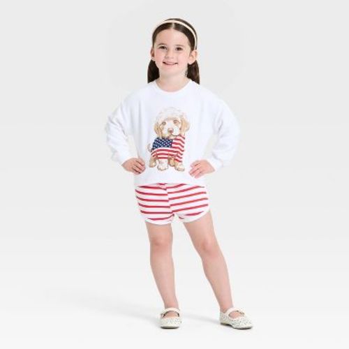 Grayson Mini Toddler Girls' 2pc Americana Puppy Flag Crewneck Sweatshirt & Shorts Set - White 5T