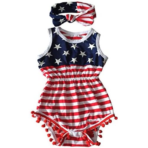 4th of July Toddler Baby Girl American Flag Tassel Romper with Headband