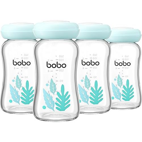 YOHKOH Glass Breast Milk Storage Bottles - 100% Leak-Proof, BPA-Free Breastmilk Storage Containers, Freezer & Dishwasher Safe, Ideal for Nursing Mothers (Blue, 5.4oz (Pack of 4))