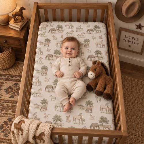 Western Horse Crib Sheet, Cowboy Nursery Bedding, Neutral Boho Fitted Baby Sheet, Mini or Standard Crib Mattress Sheet
