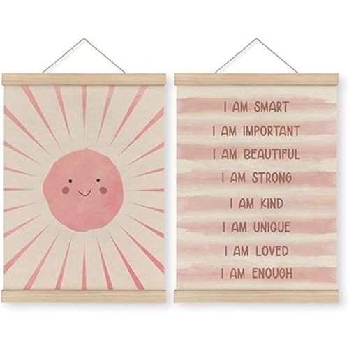 MAQIKA I Am Smart Decor Poster Framed with Wood Hanger Set of 2, Girl Nursery Wall Decor, Pink Positive Affirmations Hanging Wall Decor, Sunshine Canvas Wall Art Paints for Girls Room 12x16 Inch