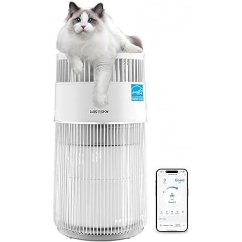 WiseSky Pet Air Purifier, 3-in-1 HEPA Filter for Cat Hair Dander Odor Dust, for Home Large Room, Up to 1644 ft², Smart App Control, 360° Air Intake, W-Cat, White