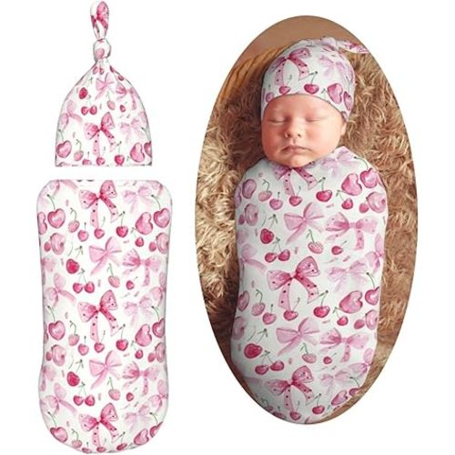 Pink Bows Cherries Newborn Swaddle Blankets Hat Sets Soft Baby Receiving Blanket Swaddle Sack for Baby Shower Infant Boy Girl Gift