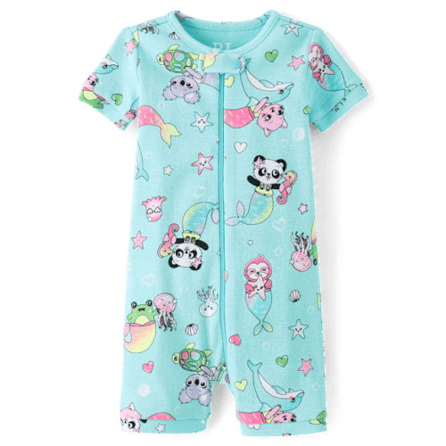 Baby And Toddler Girls Animal Mermaid Snug Fit Cotton Cropped One Piece Pajamas - Blue