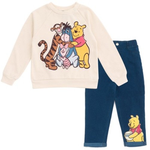 Disney Winnie the Pooh Eeyore Tigger Infant Baby Boys Fleece Sweatshirt and Denim Pants Outfit Set Cream White / Blue Winnie The Pooh 18 Months