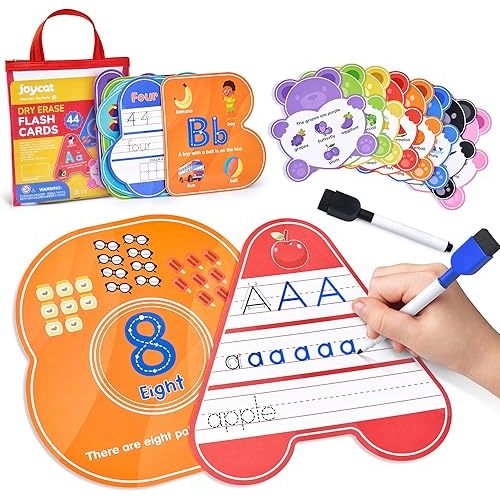 JoyCat 44 Pack Dry Erase Alphabet and Number Flash Cards, Write and Wipe ABC Letter Tracing Writing Practice Games for Kids Ages 3 4 5 Preschool Kindergarten Educational Learning Activity