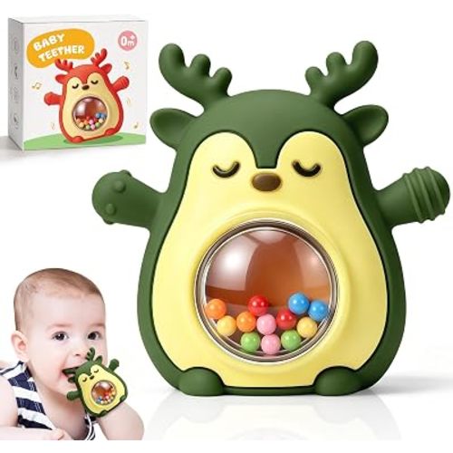 Baby Teething Toys 3-6 6-12 Months, Elk Silicone Teether Mitten with Rattle