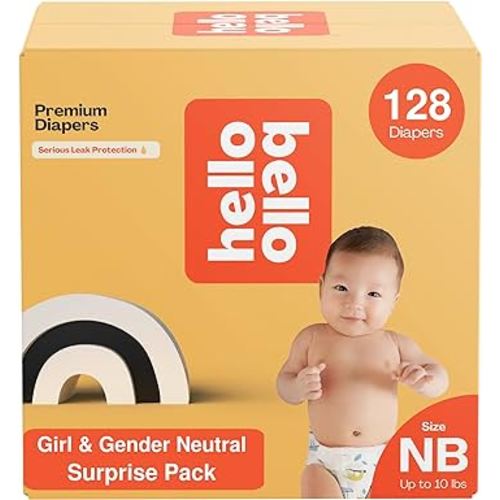 Hello Bello Premium Diapers, Size NB (Up to 10 lbs) Surprise Pack for Girls - 128 Count, Hypoallergenic with Soft, Cloth-Like Feel - Assorted Girl & Gender Neutral Patterns