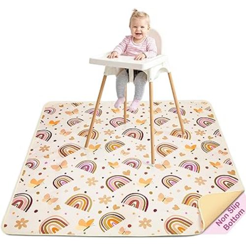 Splat Mat High Chair Mat Waterproof Baby Play Splat Mat for Under High Chair Food Catcher Highchair Mat for Floor Non Slip Bottom, Brown Rainbow, 46x42 Inches