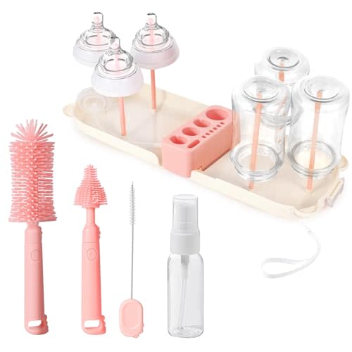 Travel Baby Essentials, 7in1 Travel Baby Bottle Cleaning Kit, Baby Essentials for Flying Nipple, Drying Rack, Straw, Soap Dispenser Dish Soap for Bottles, Gift for Mom (Pink)