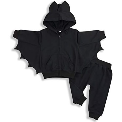 YOUNGER TREE Toddler Baby Girls Boys Halloween Outfit Black Bat Hoodies with Pocket Zipper Coat Pant Set Winter Clothes