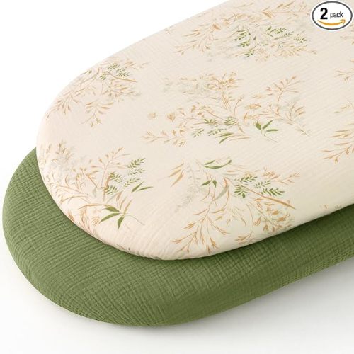 Muslin Bassinet Sheets 100% Cotton Neutral Baby Bassinet Cover for Boys Girls Unniversal Fitted for Rectangle Oval Hourglass Mattress/Pad 2 Pack Green