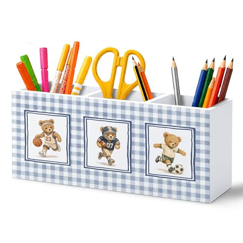 Bear Nursery Kids Pen Pencil Holder for Desk, Sports Player Bear Retro Blue Gingham Wooden Pencil Holder Organizer Desk Accessories Decor for Kids Boys Room Bedroom Playroom Desk Tabletop