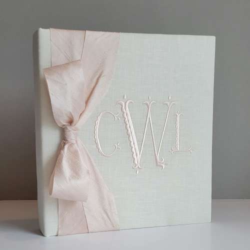 Monogrammed Linen Baby Memory Book: Ivory, Whisper Pink Ribbon