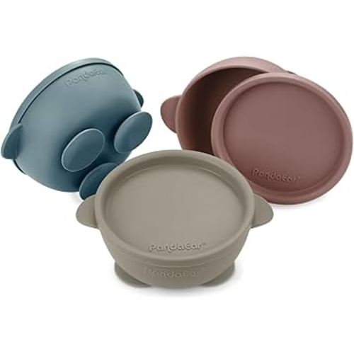 PandaEar 3 Pack Baby Bowls with Suction, Silicone Toddler Bowls with Lids, No Spill Suction Bowls for Baby Infant First Stage, Baby Food Feeding Bowl Set, Blue/Brown/Red