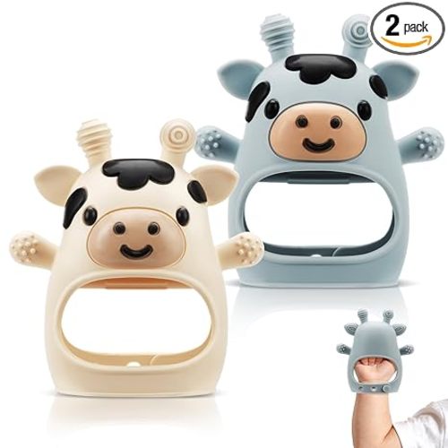TOHIBEE 2 Packs Baby Teething Toys for 0-6 6-12 Months, Food Grade Silicone Adjustable Cow Teething Mitten, Chew Teether Toys for Teething Pain Relief, Baby and New Born Essentials, Blue & White