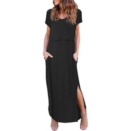 Ekouaer Women's Nursing Dress Summer V Neck Short Sleeve Maternity Split Long Dresses for Breastfeeding with Pockets Black L