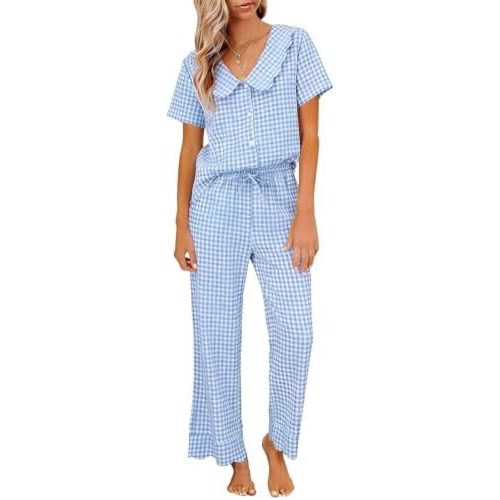 Tanming Womens Gingham 2 Piece Pajamas Sets Puff Sleeve Babydoll Shirt Ruffle Pants Pj Lounge Set Sleepwear