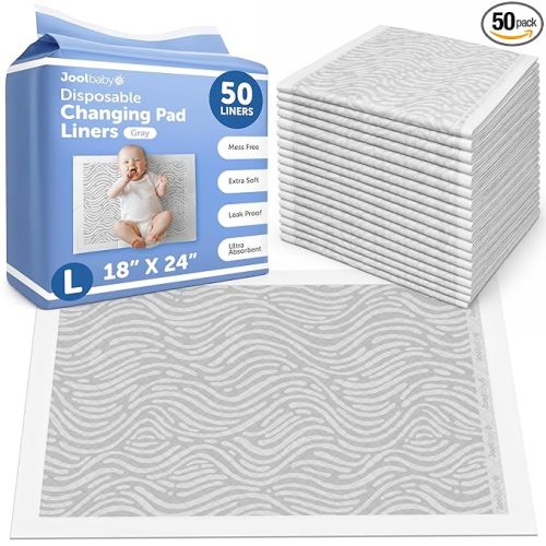 Jool Baby Disposable Changing Pad Liners for Baby (50 Count) Ultra-Absorbent Pee Pads to Protect Surfaces At Home or On the Go – Leakproof & Super Soft - Gray