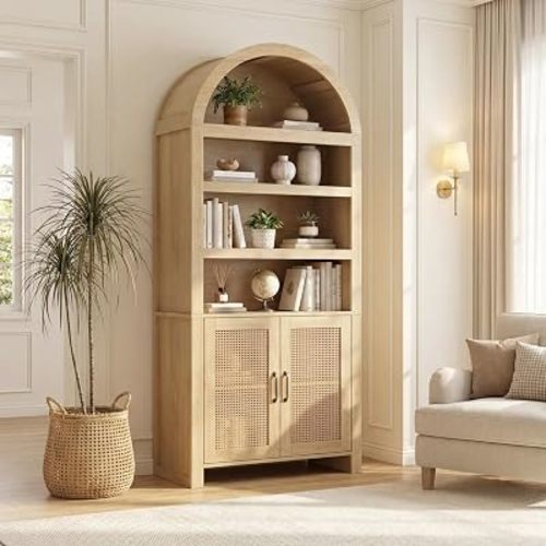 Miereirl 71" Tall Arched Bookshelf with Doors, Mid-Century Modern Bookcase with Storage & Adjustable Shelves, 6 Tiers Arched Cabinet, Arch Bookshelf for Living Room Kitchen Office, Natural