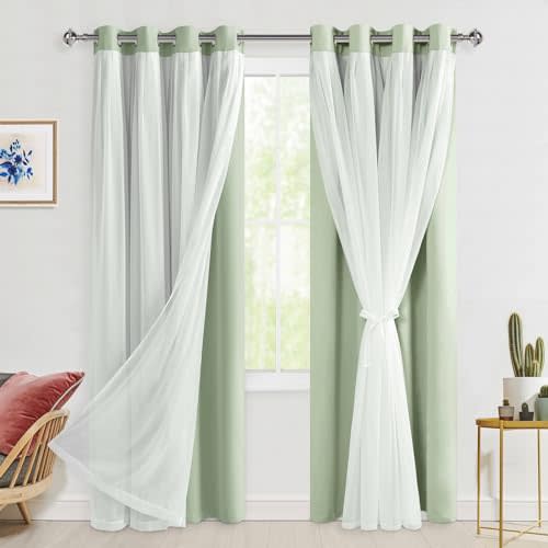 Hiasan Blackout Curtains with Sheer Overlay, Thermal Insulated Mix & Match Double Layer Room Darkening Curtains for Bedroom, Living Room, Nursery, 2 Window Panels with Tiebacks, Seafoam, 52W X 84L