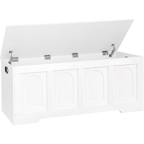 DINZI LVJ Storage Chest, 47.2" Rattan-Like Toy Box with 2 Safety Hinges, Wooden Entryway Storage Bench with Flip-Top, Large Trunk for Living Room, Bedroom, Easy Assembly, White