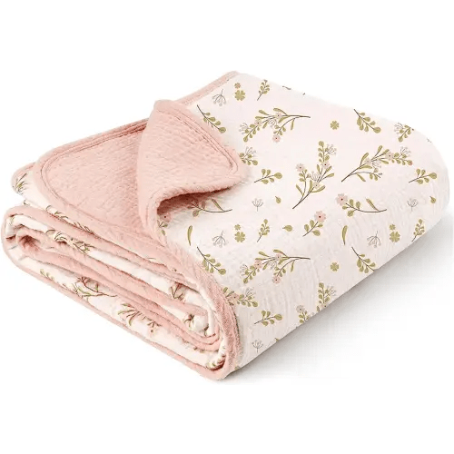 Konssy Muslin Baby Blankets for Girls Boys, 100% Cotton Crib Blanket for Infant Toddler, Super Soft and Lightweight Nursery Swaddling Wrap 40"x36" (Floral)