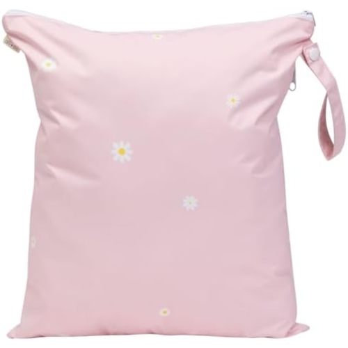 Ali+Oli Water Resistant Dual-Compartment Wet-Dry Bag for Travel, Hook to Stroller, Daycare, Diapers, Diaper Bag, Clutch Bag,15x12 inches (Blush Daisy)