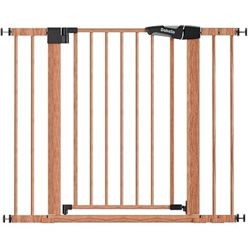 Mom's Choice Award Winner, Babelio 26-40" Metal Baby Gate with Wood Pattern, PressGuard C5 Easy Install Pressure Mounted Dog Gate for Stairs and Doorways, with Wall Protectors and Extension Kits