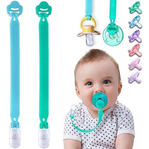 Silicone Pacifier Clip with Adapter Ring for Philips Avent Soothie, 2 Pack One-Piece Soft Binky Clips Holder for Baby Boys Girls, Anti-Loss Paci Clips for Baby Shower Newborn Essentials, Blue Green