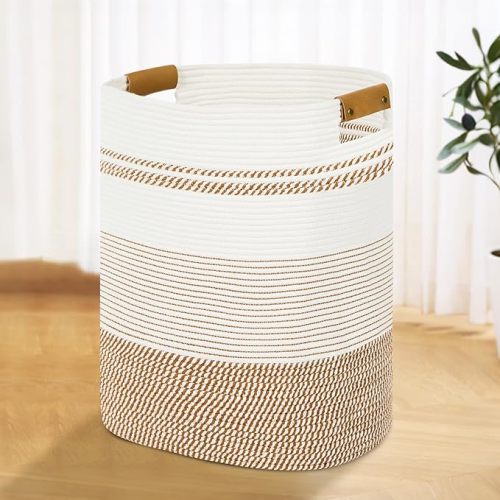 Laundry Basket with Handles - Blanket Basket & Hampers for Bedroom Aesthetic, Laundry Hamper & Blanket Storage for Living Room, Clothes Hamper, Tall, Large 17" x 14" x 22”, Brown & White