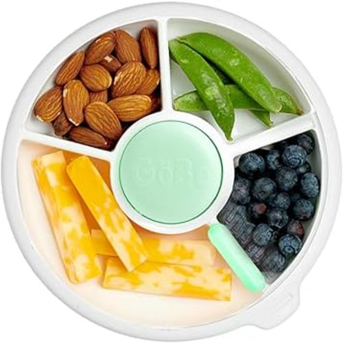 GoBe Kids Small Snack Spinner Slide Bundle with Hand Strap and Sticker Sheet - Reusable Snack Container with 5 Compartment Dispenser and Lid | BPA/PVC Free | Dishwasher Safe | No Spill