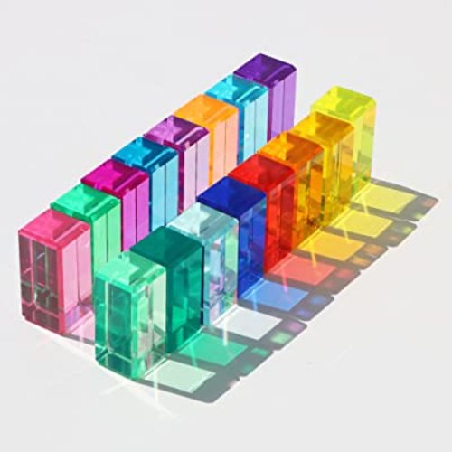 Rainbow Crystal Acrylic Strip Blocks Rectangle Stacking Gem Blocks for Kids 16 Colors Gem Cubes Stacking Educational Sensory Light Learning Toys(16PCS Strip Blocks)…