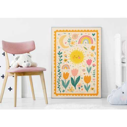 Happy Sun Nursery Art | Colourful Rainbow Poster | Cheerful Kids Room Decor