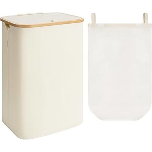 StorageWorks 100L Large Laundry Hamper with Lid, Tall Laundry Basket with Bamboo Handles and 1 Removable Inner Bag, Collapsible Laundry Hamper for Clothing, Towels, Beige, 1-Pack