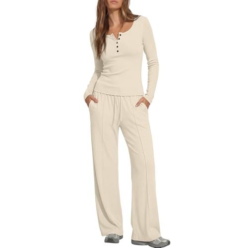 Darong Womens 2 Piece Matching Lounge Sets 2026 Long Sleeve Henley Shirts Wide Leg Pants Airport Travel Outfits