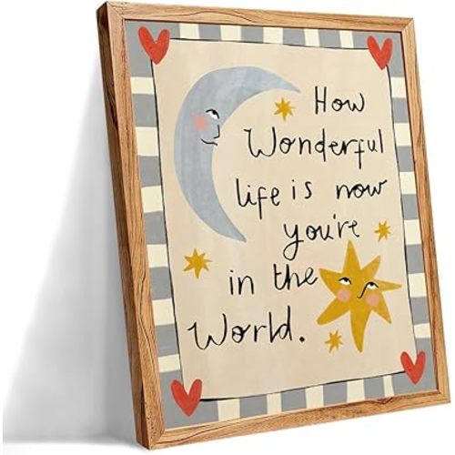 Framed Colorful Kids Quotes Motivational Wall Art 12x16 inch HOW WONDERFUL LIFE IS NOW YOU'RE IN THE WORLD Poster Cute Moon And Stars Canvas Prints Nursery Classroom Wall Decor